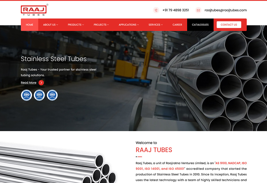 Portfolio - Raaj Tubes - CMS Website Development